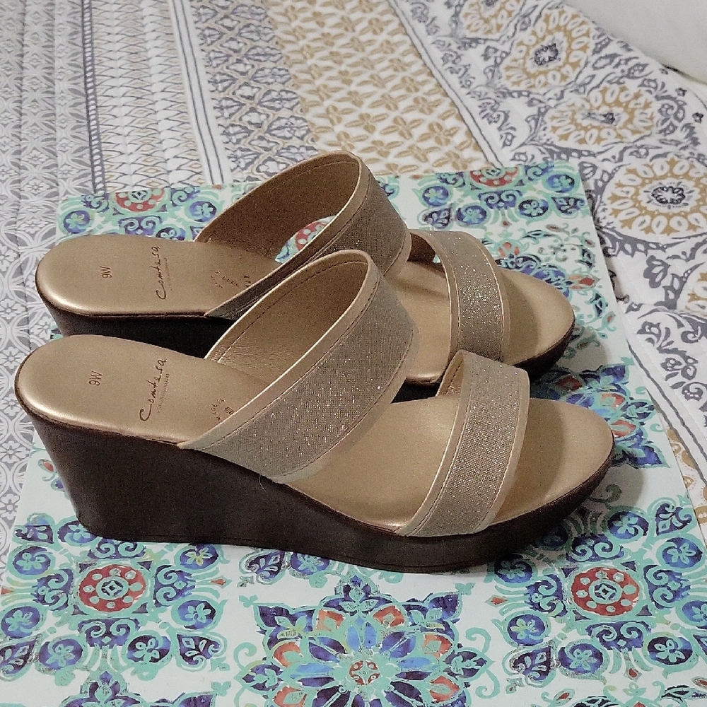 Contesa's Shimmering Gold Wedge Sandals, Size 9W